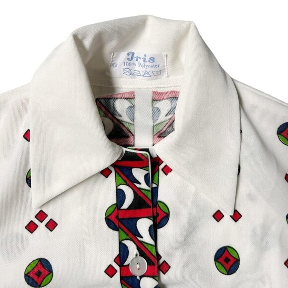 70s vintage abstract pattern blouse short sleeve pointed collar geometric print. - Picture 5 of 6
